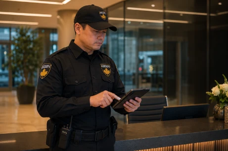Static security guard stationed at an Edmonton property entrance