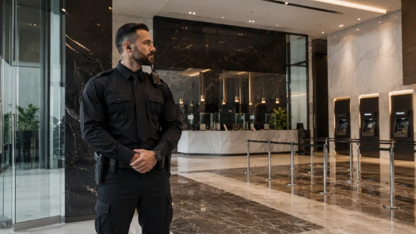 SSIA-licensed bank security guard monitoring an Edmonton branch entrance