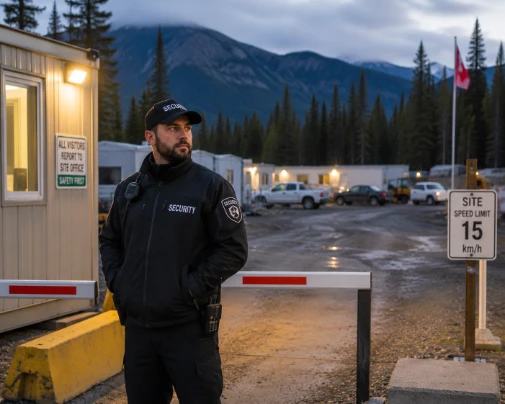 SSIA-licensed guard checking access control gate at an Edmonton-area work camp