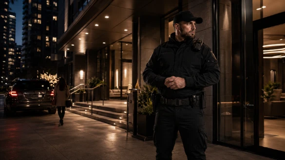 Licensed condo security guard checking visitor access in a Downtown Edmonton condominium lobby