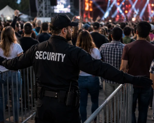 SSIA-licensed crowd control guards managing entry queue at an Edmonton festival