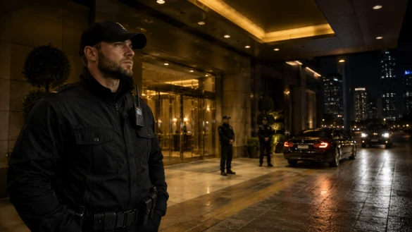 SSIA-licensed hotel security guard in hotel lobby, Downtown Edmonton