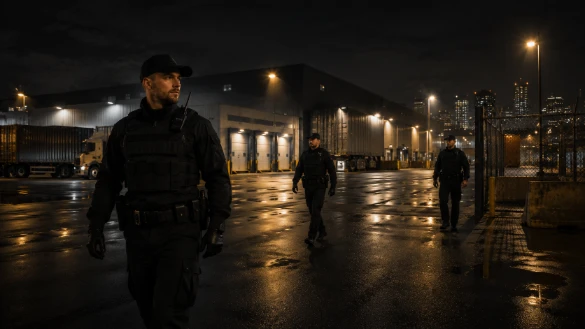 SSIA-licensed industrial security guard patrolling an Edmonton warehouse perimeter at night