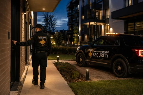 SSIA-licensed security guard patrolling a Downtown Edmonton commercial office lobby