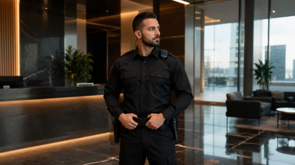 SSIA-licensed office security guard checking visitor access at Edmonton office tower reception