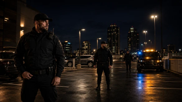 SSIA-licensed Canadian Shield Security guard patrolling an Edmonton retail parking lot at night