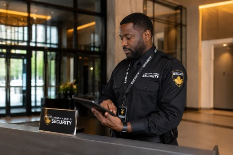 Security consultant conducting a CPTED site assessment at an Edmonton office tower