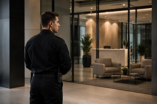 SSIA-licensed security guard patrolling a Downtown Edmonton commercial office lobby