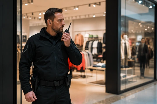 Uniformed SSIA-licensed retail security guard patrolling an Edmonton store entrance
