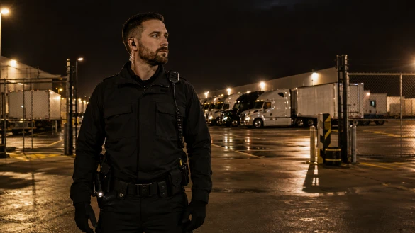 SSIA-licensed security guard patrolling a truck yard gate in Nisku, Edmonton