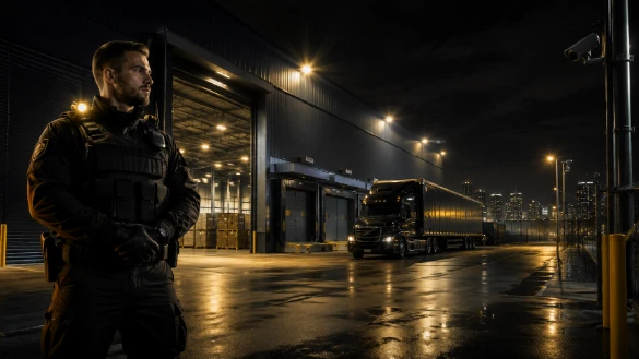 SSIA-licensed security guard patrolling warehouse loading dock in Edmonton