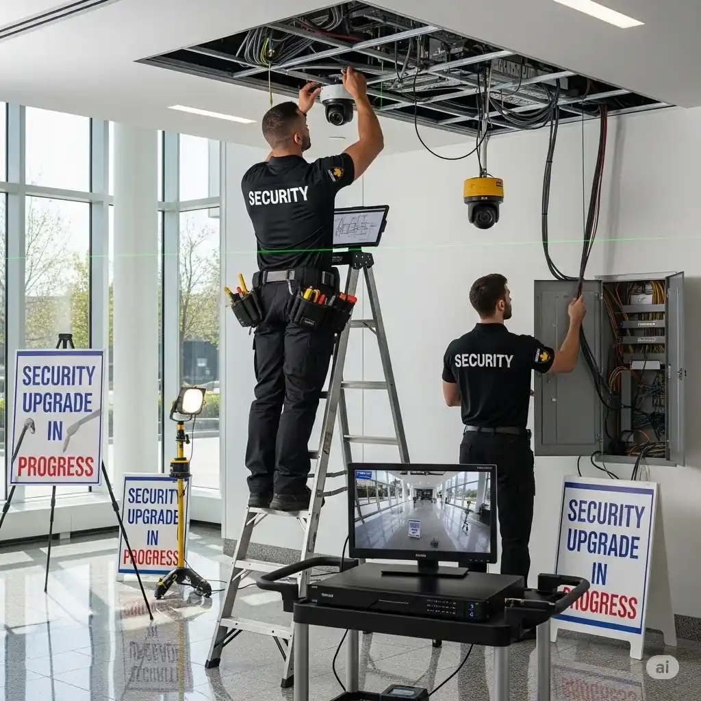 Security camera installation technician mounting HD camera on Edmonton office building