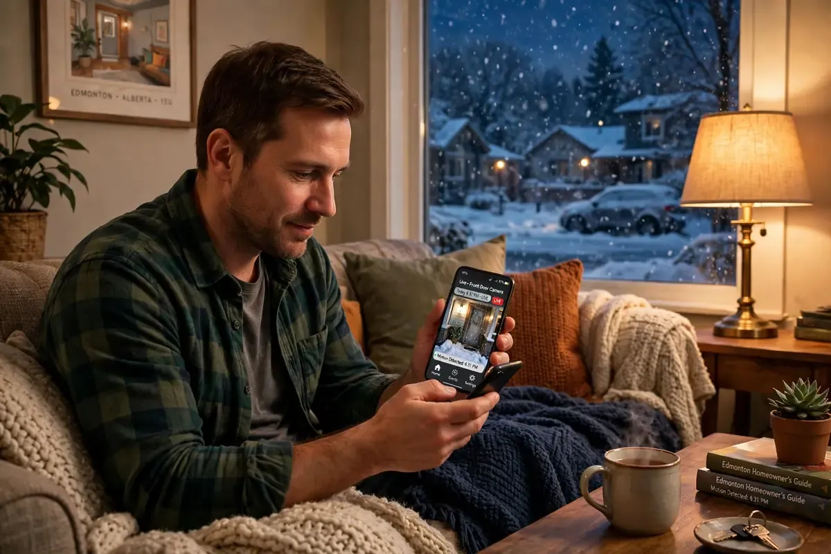 Edmonton homeowner checking a monitored security camera feed on a phone at home