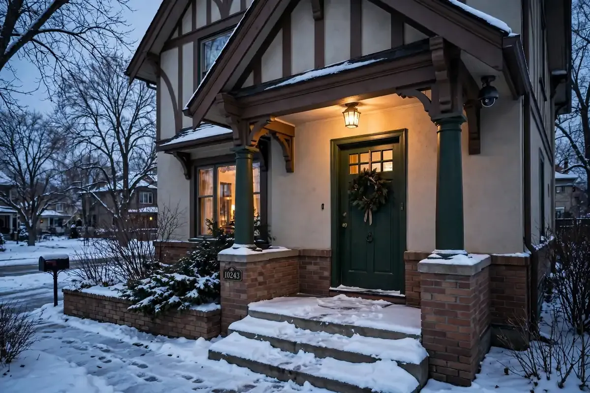 Front entrance of a Glenora Edmonton home with porch lighting and a visible security camera in winter