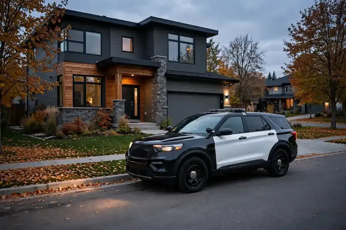 Black and white security patrol SUV parked outside a modern Edmonton home