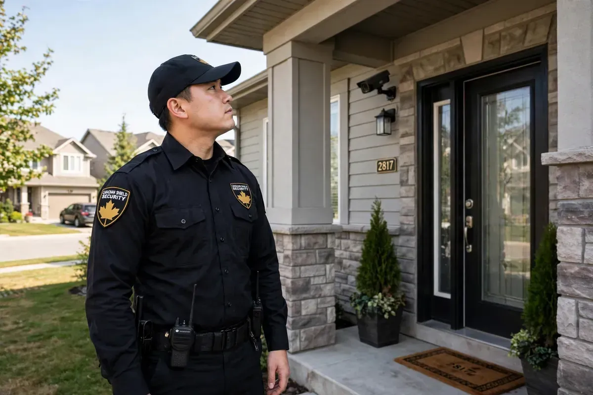 Canadian Shield Security guard checking a home entrance with a security camera in Edmonton